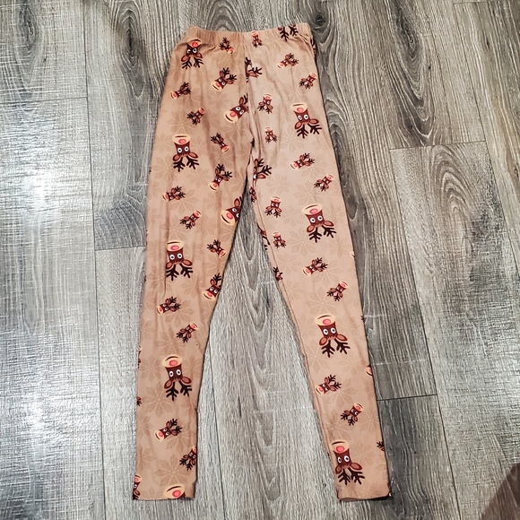 Girls Christmas Leggings Size SMALL Kids Leggings with Fun Brown and Red Pattern - Picture 1 of 3